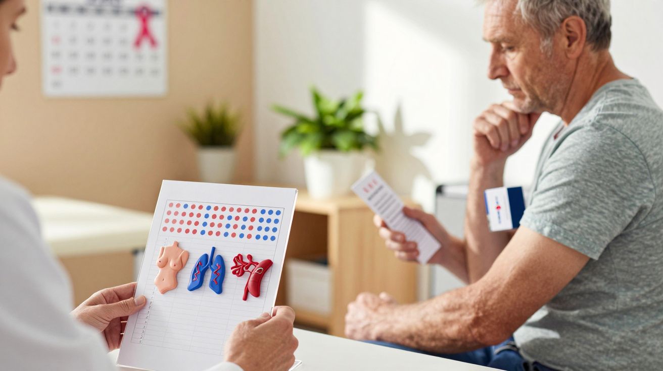 Homem a consultar folheto médico enquanto médico segura quadro anatómico com ícones de órgãos.