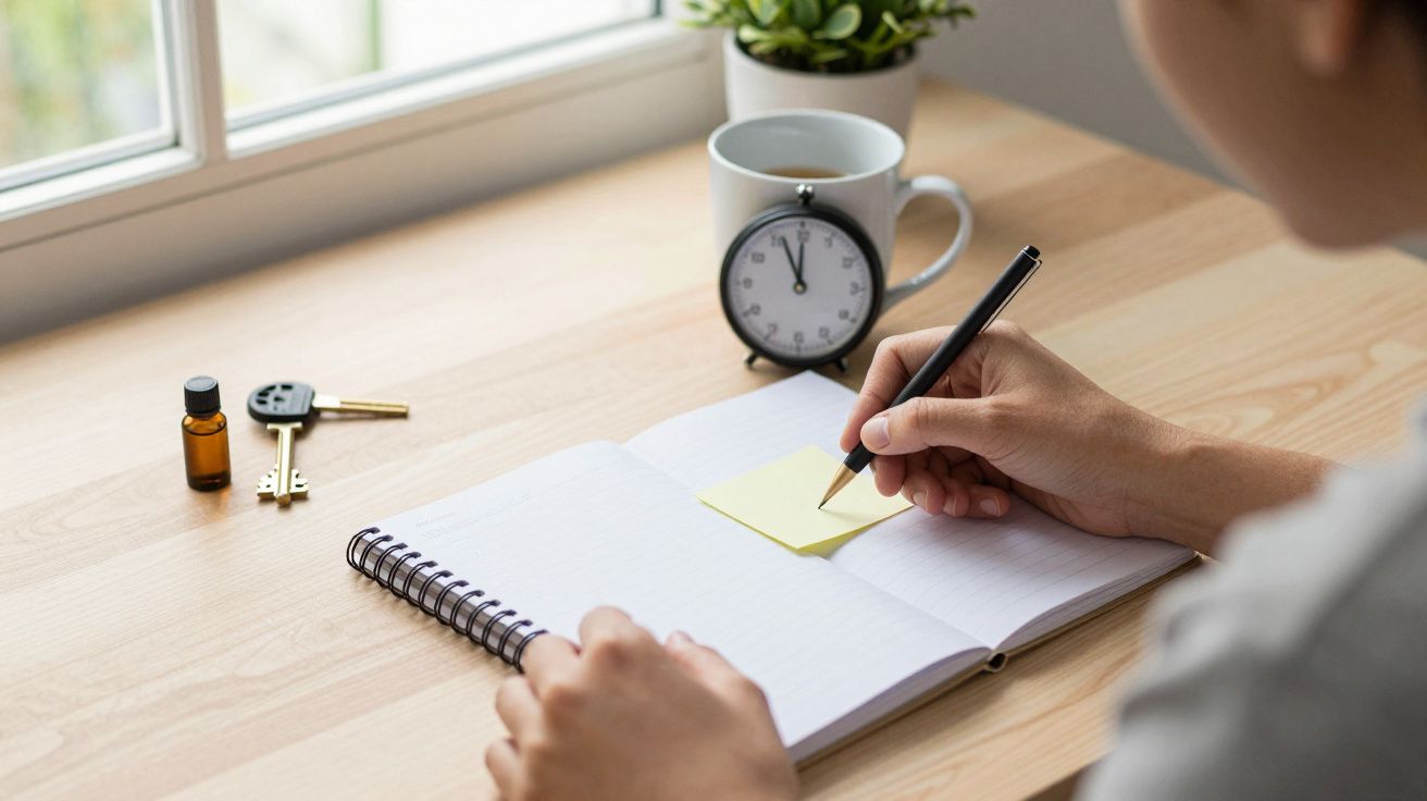 Pessoa escreve num bloco de notas numa mesa com um relógio, chave, frasco e uma chávena ao lado de uma janela.