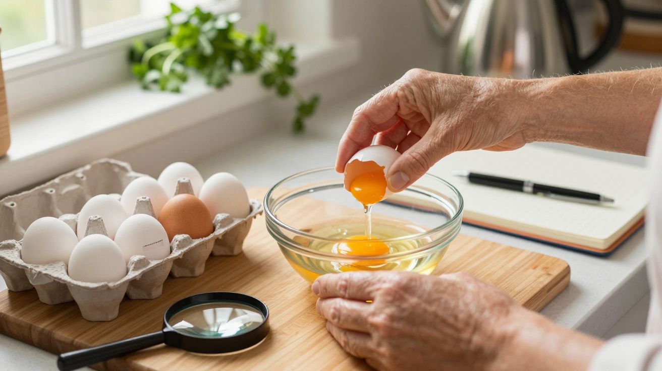Pessoa a partir um ovo sobre uma tigela de vidro numa cozinha, com ovos em caixa ao lado e lupa na tábua de cortar.