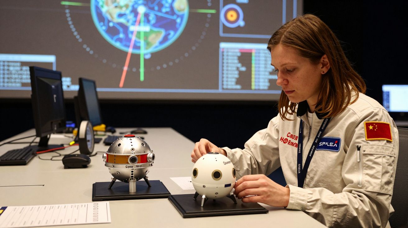 Mulher em uniforme espacial com manequins esféricos numa mesa, monitor com mapa do mundo ao fundo.