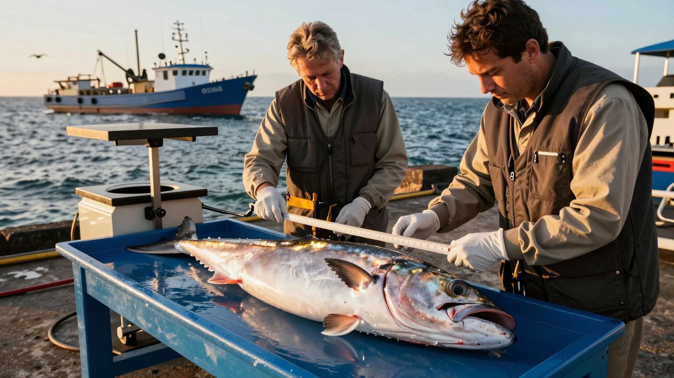 Dois homens medem um grande peixe numa mesa azul ao lado do mar, com um barco ao fundo ao pôr do sol.