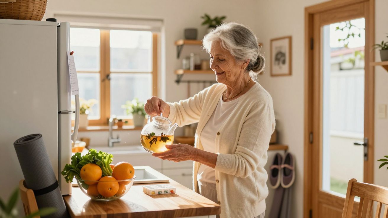 Mulher idosa preparando chá numa cozinha iluminada, com um tabuleiro contendo laranjas e vegetais.