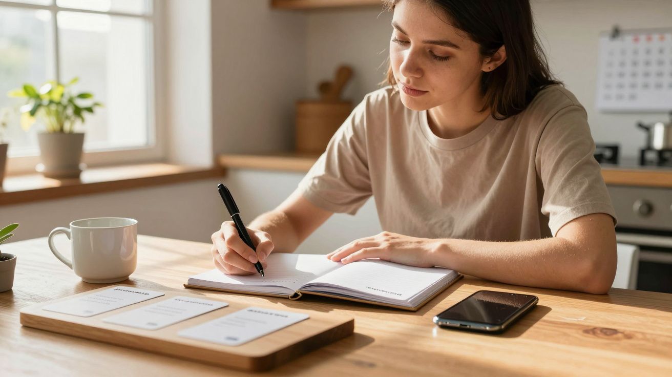 Mulher escreve num caderno numa cozinha iluminada. Há um telemóvel e chávena sobre a mesa.