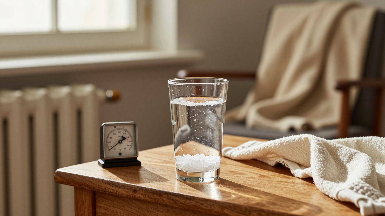 Copo de água com bolhas, cronómetro e toalha sobre mesa de madeira numa sala iluminada pelo sol.