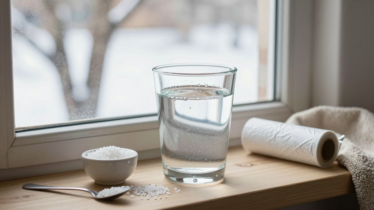 Copo de água numa janela com colher, sal e rolo de papel ao lado.